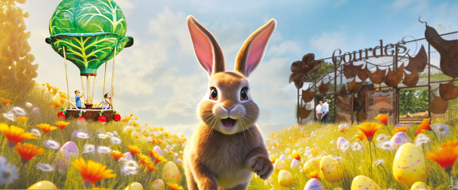 Affiche pour Pâques, un jardin tout n'œuf, avec un lapin souriant qui courre dans une prairie au Potager Extraordinaire situé en Vendée.